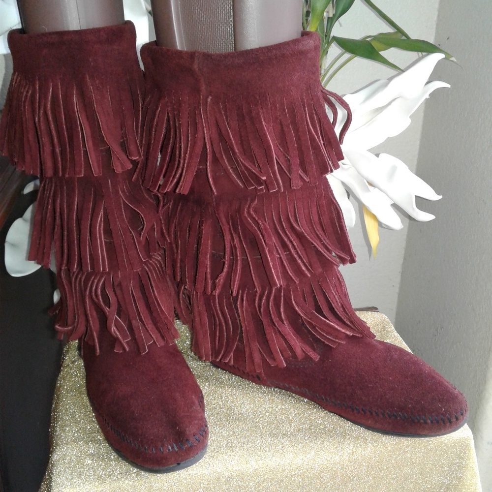 Minnetonka Burgundy Suede 3 Layer Fringe Boots - image 1